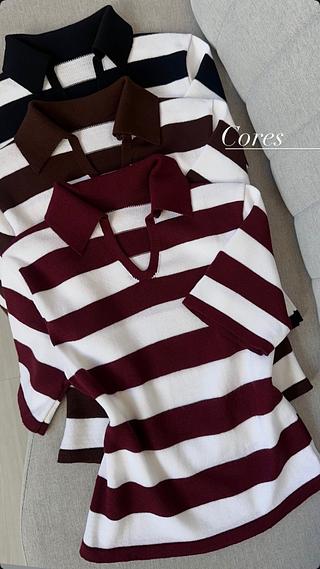 Blusa modal listrada gola polo elegance